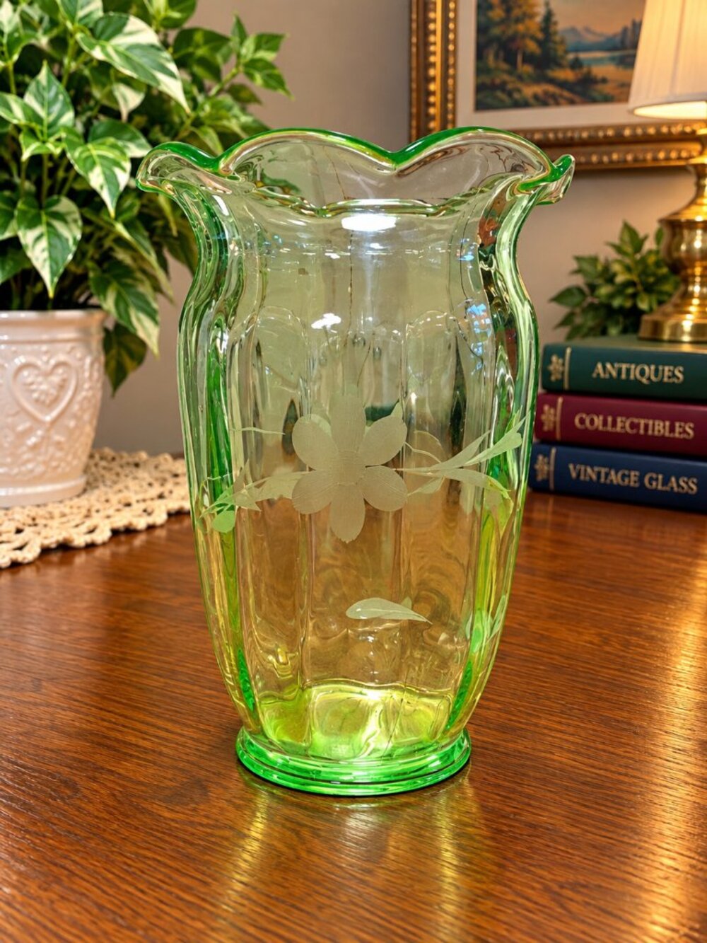 Vintage 1920s/1930s Tiffin Uranium Glass Vase 9” Panel Optic Etched Ruffled Top
